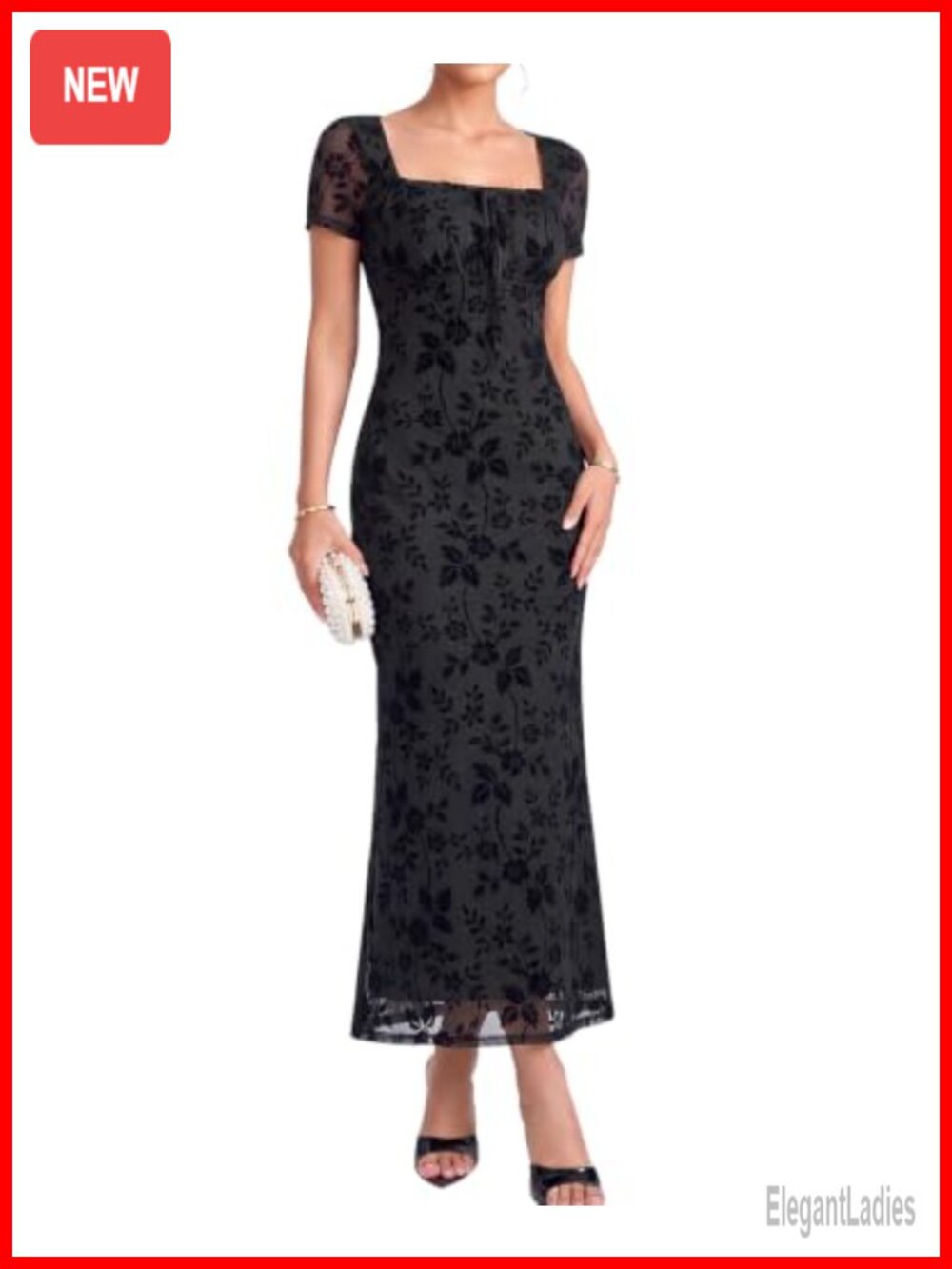 Women Floral Mesh Square Neck Maxi Dress Wedding Guest Cocktail Formal